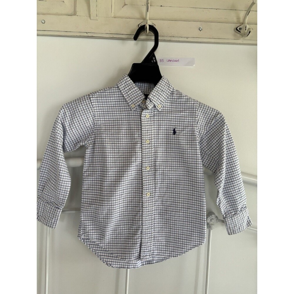 Boys Ralph Lauren White And Blue Plaid Button Down Size 4/4t Fall Photos Long